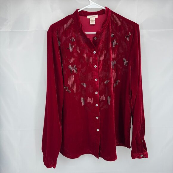 Sundance Women L Velvet Shirt Long Sleeve Red Embroidered Velour Western Top - Picture 1 of 8